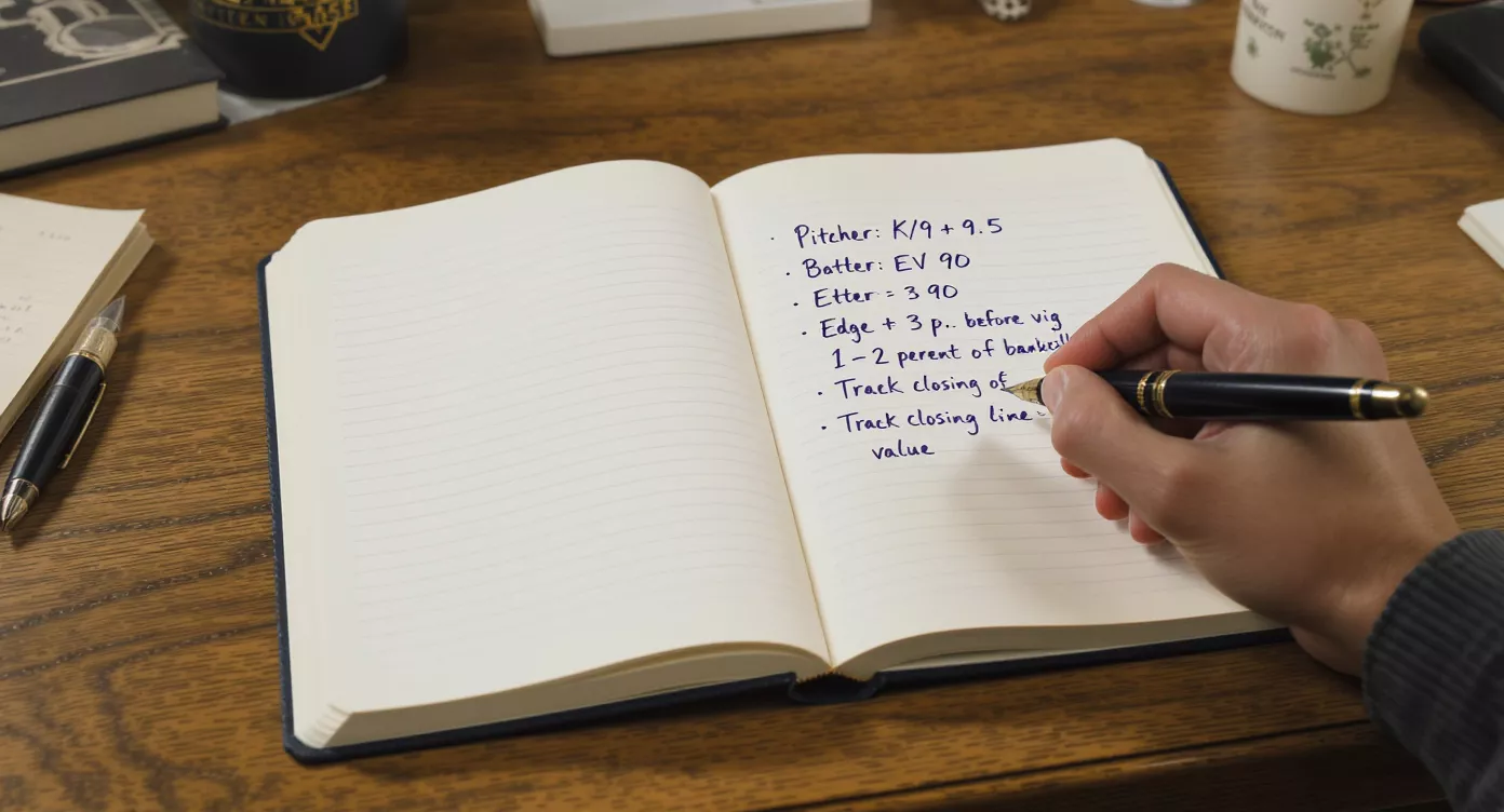 A bettor handwriting pre-bet reasoning in a notebook before placing an MLB player prop wager