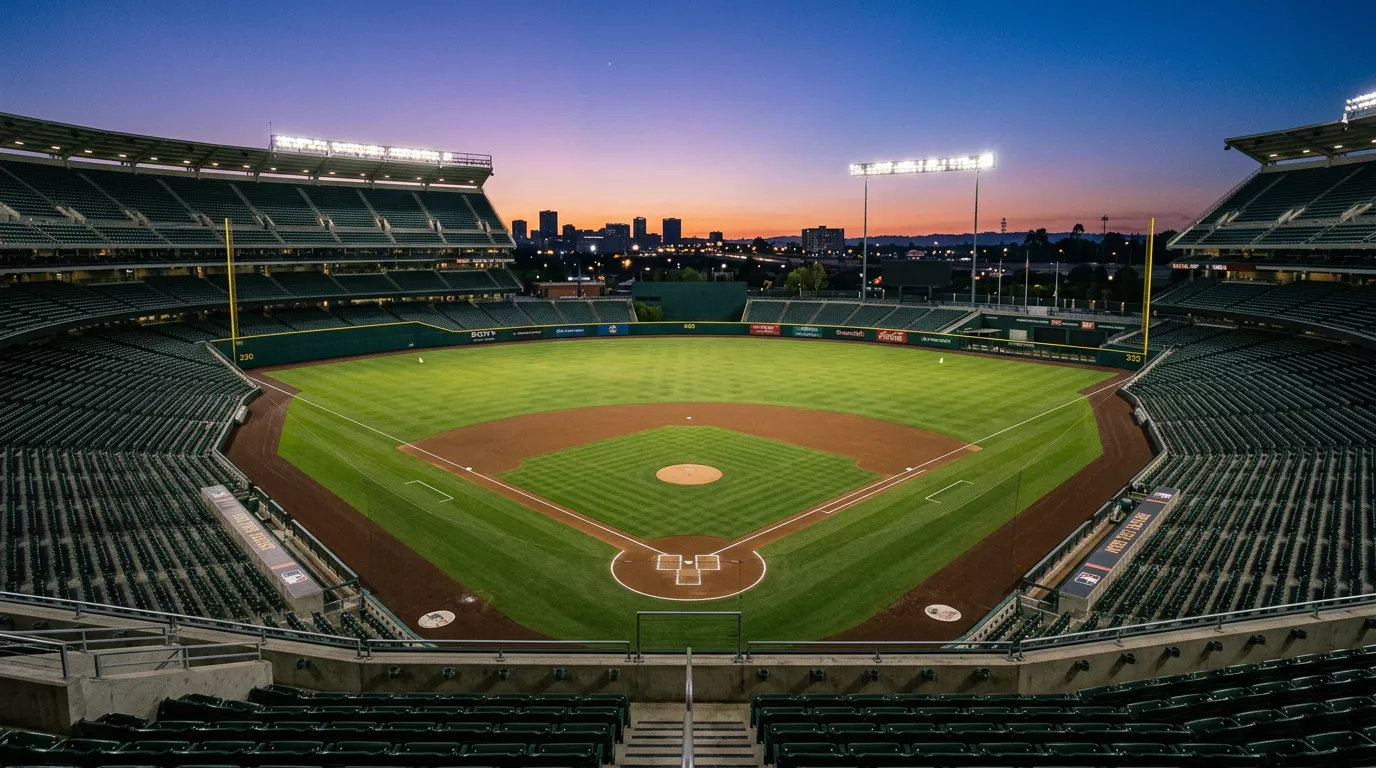An empty MLB ballpark at dusk after the 2025 integrity reforms reshaped the prop landscape