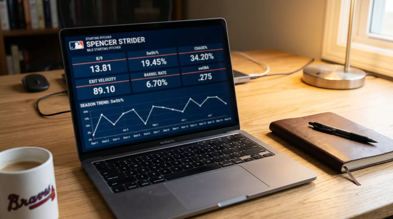 Laptop screen showing a Statcast-style panel with exit velocity, barrel rate and K/9 figures for an MLB starter