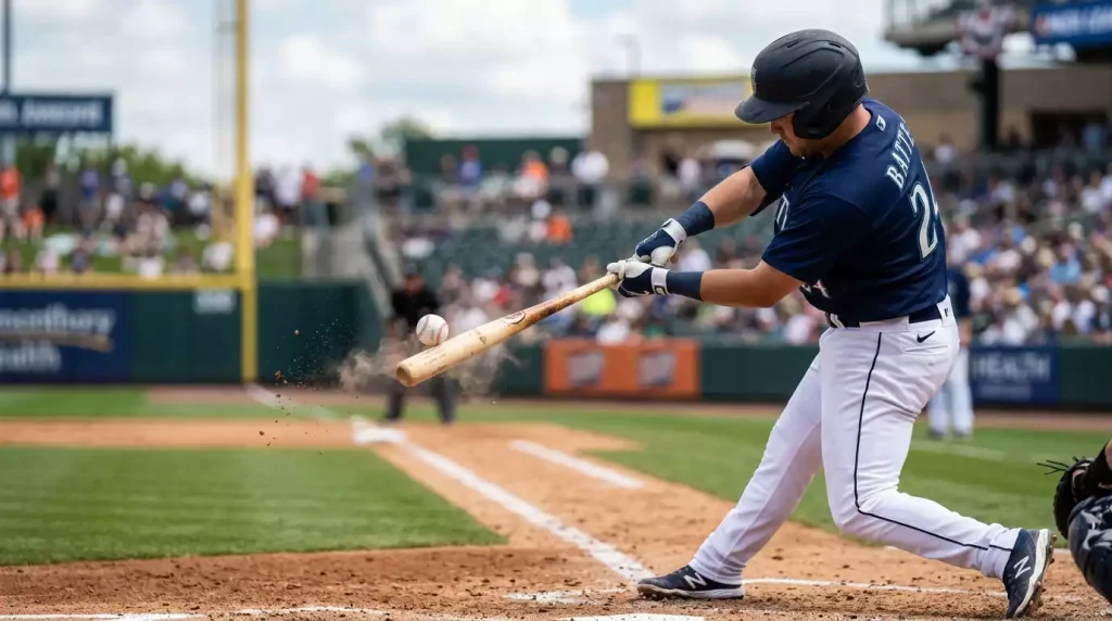 MLB baseball bat striking the ball squarely on the barrel of the bat in a daylight stadium