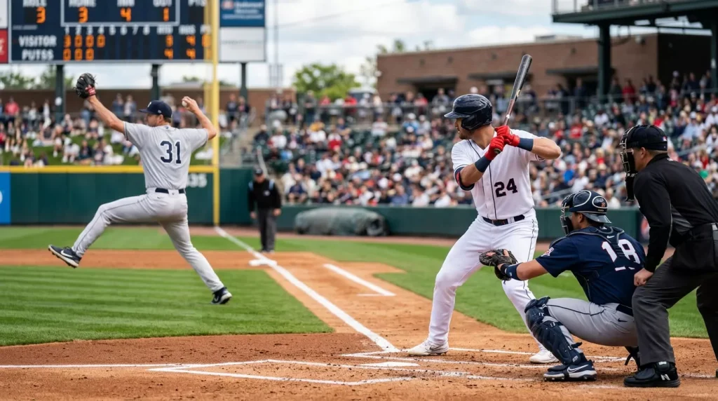 MLB pitcher releasing a fastball during a live regular-season afternoon game
