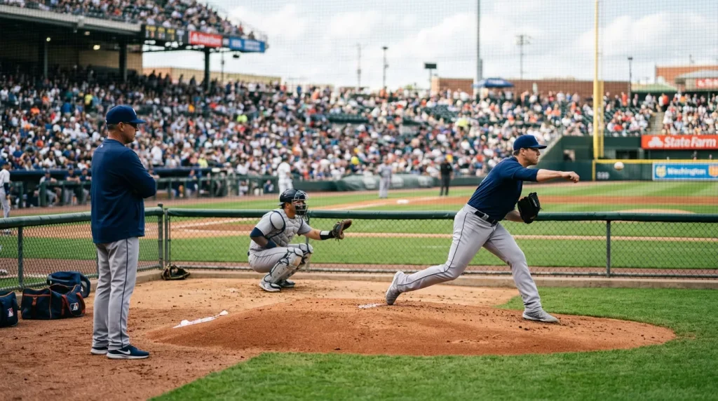 MLB relief pitcher warming up in the bullpen behind a chain-link fence during a game