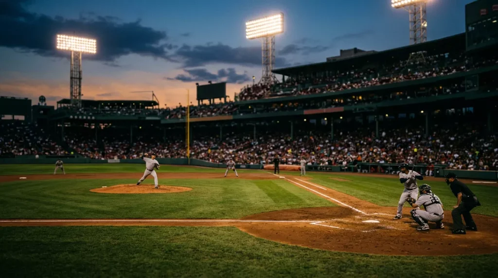MLB stadium under floodlights at dusk with the infield half in shadow during an evening game