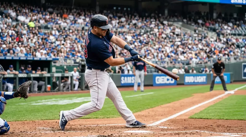Major League Baseball batter making contact with a fastball, ball compressed against the wooden bat on a daylight stadium field