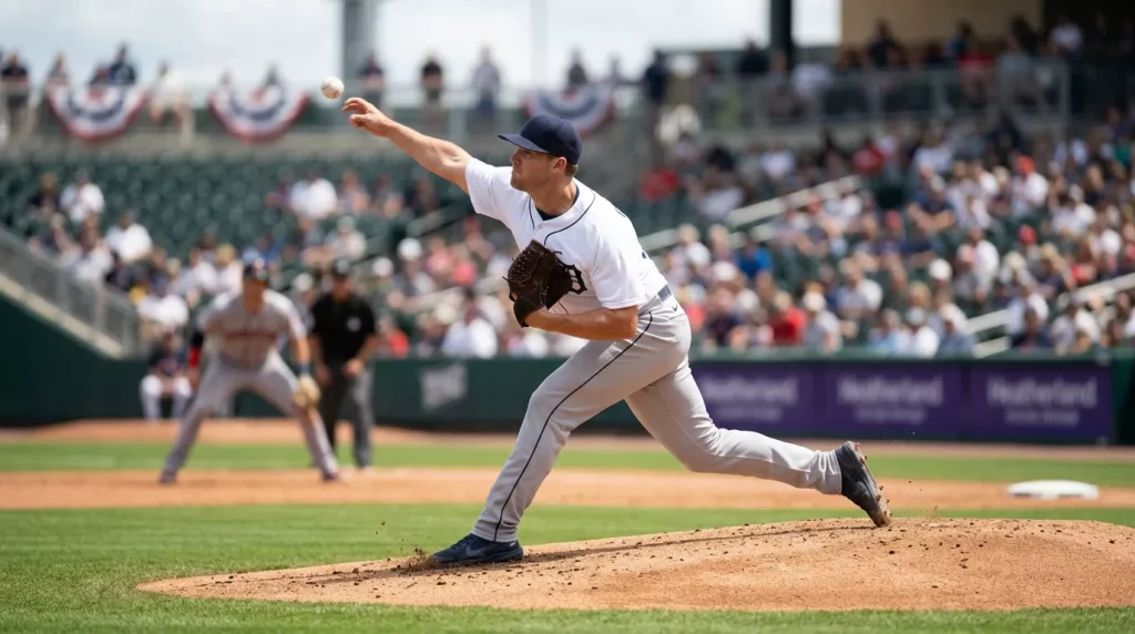 MLB pitcher mid-delivery releasing a fastball from the pitcher