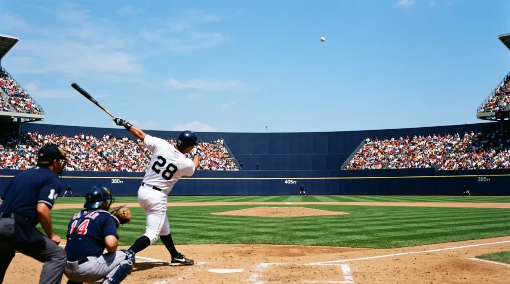 MLB baseball rising at a steep angle off the bat into a clear sky over the outfield wall