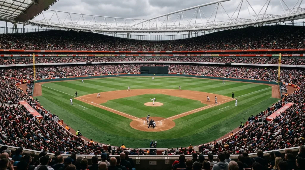 MLB game played on a converted London football stadium pitch with a packed crowd in the stands