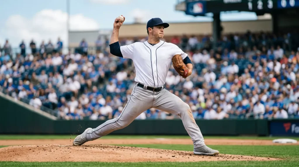 MLB pitcher mid-delivery on the mound during a live afternoon game