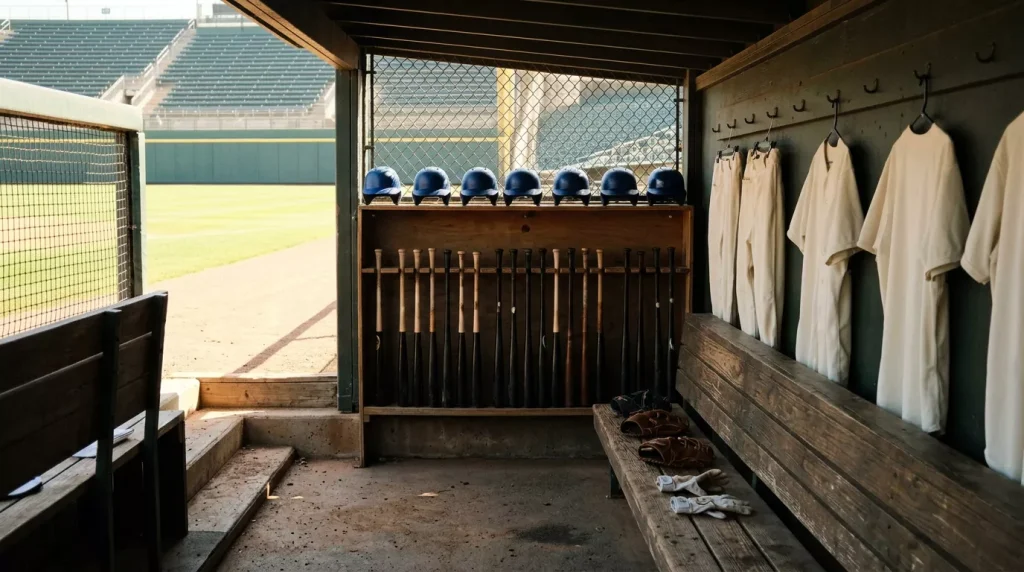 Empty MLB dugout with bats lined up in the bat rack and helmets on the shelf between two games of a doubleheader