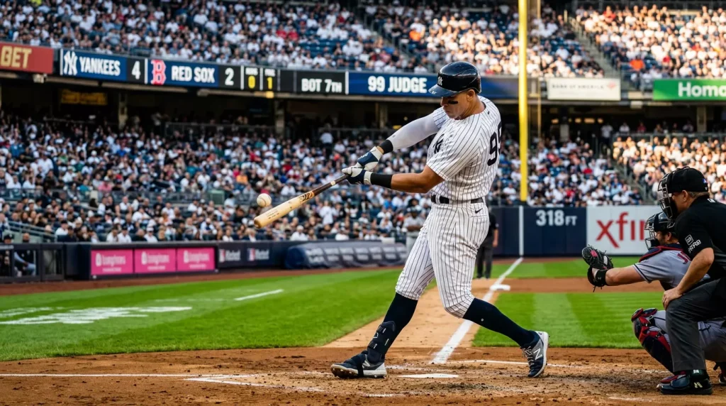 MLB batter mid-swing connecting with a baseball at a packed stadium, illustrating the daily dinger home run prop market