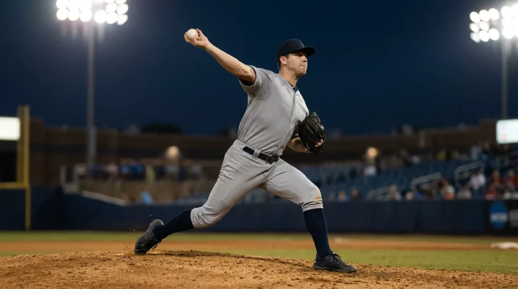 MLB pitcher mid-pitch under stadium floodlights during an evening regular-season game