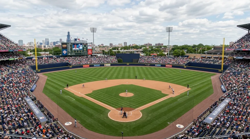 Wide aerial-style view of a daylight MLB baseball stadium showing the diamond, outfield grass and outfield walls
