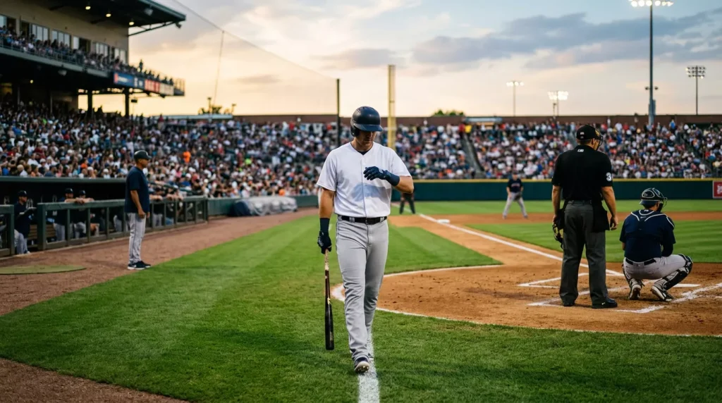 MLB substitute batter walking from the dugout to home plate carrying his bat in a late-inning game situation