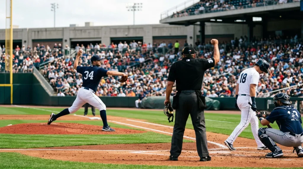 MLB pitcher on the mound completing a delivery as an MLB umpire signals an out behind home plate