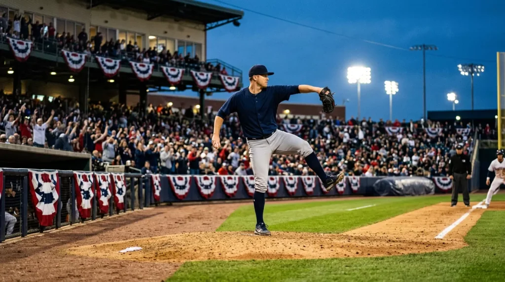 MLB pitcher delivering a pitch under stadium floodlights with autumn-coloured bunting hanging along the field railings