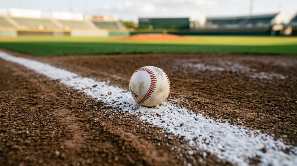 MLB baseball resting on the chalk line of the batter