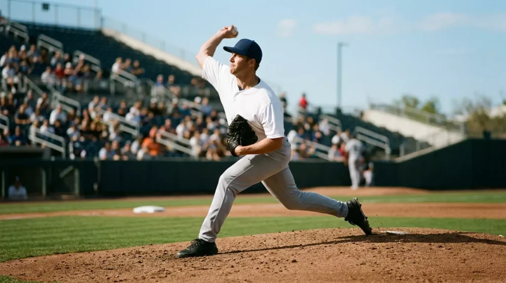 MLB pitcher in mid-delivery during a regular-season afternoon game with a clean blue sky behind the stadium