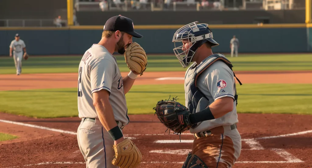 MLB pitcher and catcher conferring at the mound in late-afternoon light, illustrating strategic thinking behind player prop value detection