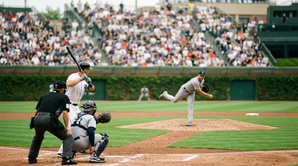 MLB scoreboard view of the pitcher and batter at the start of an at-bat in a regular-season daylight game