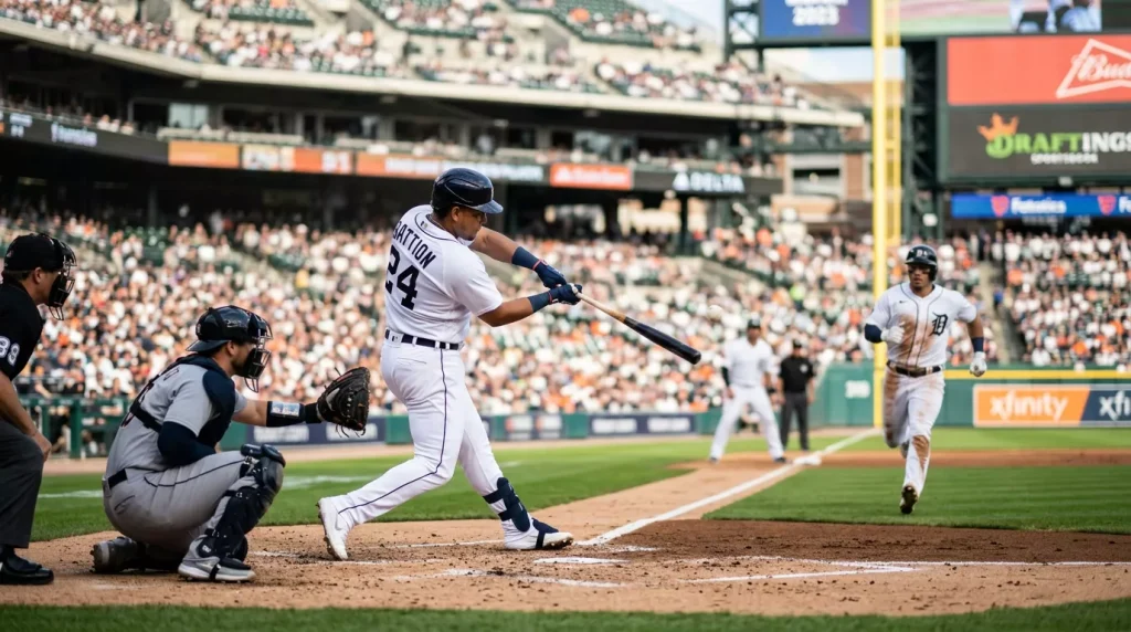 MLB batter swinging with a teammate running home from third base toward home plate