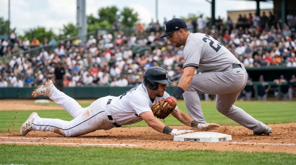 MLB baserunner sliding head-first into second base just ahead of the tag in a daylight game