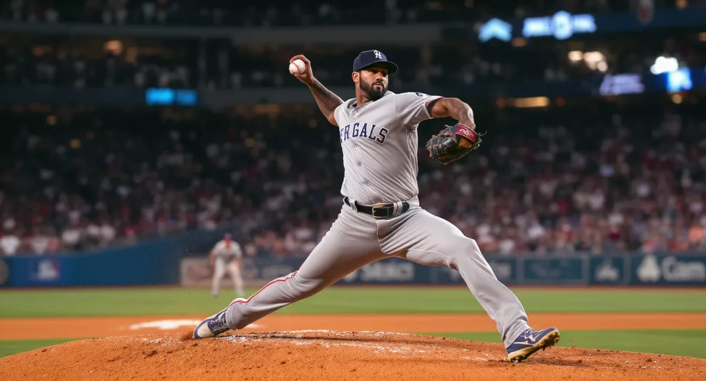 MLB starting pitcher in full delivery on the clay mound, illustrating the pitcher-first framework behind strikeout prop bets