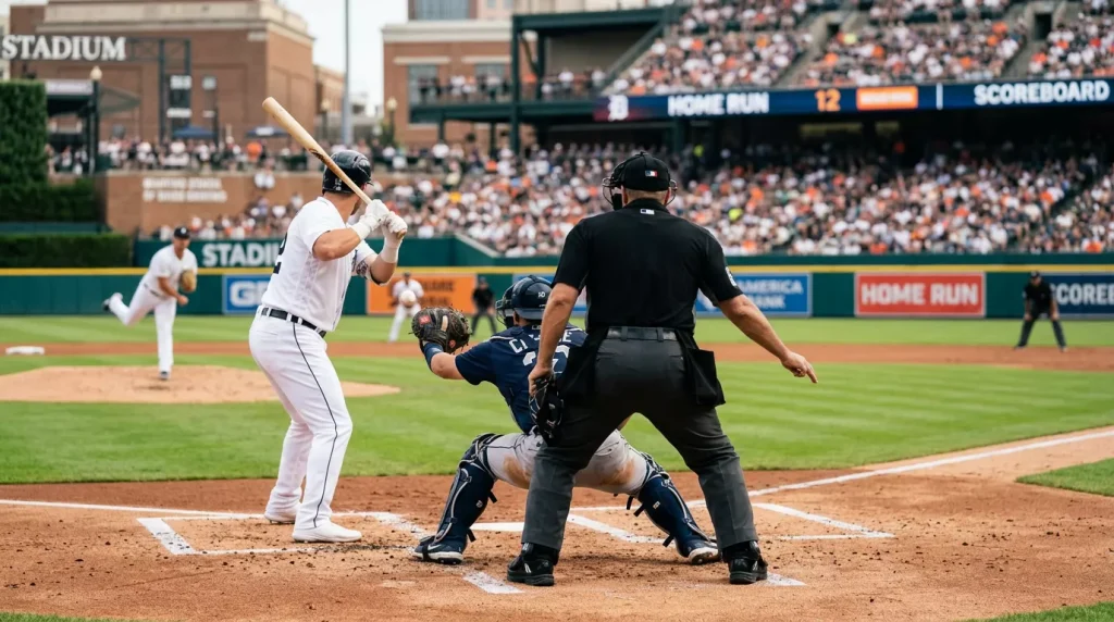 MLB home plate umpire signalling a ball as the batter holds his stance and the catcher reaches for an off-target pitch