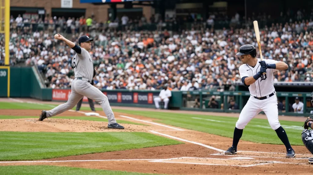 Left-handed MLB pitcher delivering a pitch toward a right-handed batter in the batter