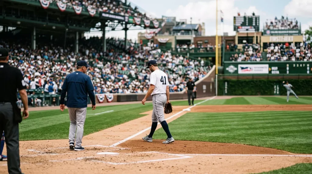 MLB pitcher walking toward the dugout with the manager approaching the mound during a pitching change