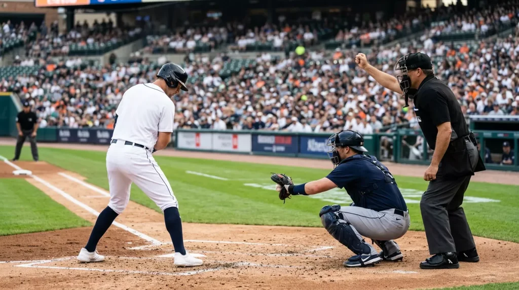 MLB home plate umpire in black gear with his right arm raised signalling a called strike behind a crouching catcher