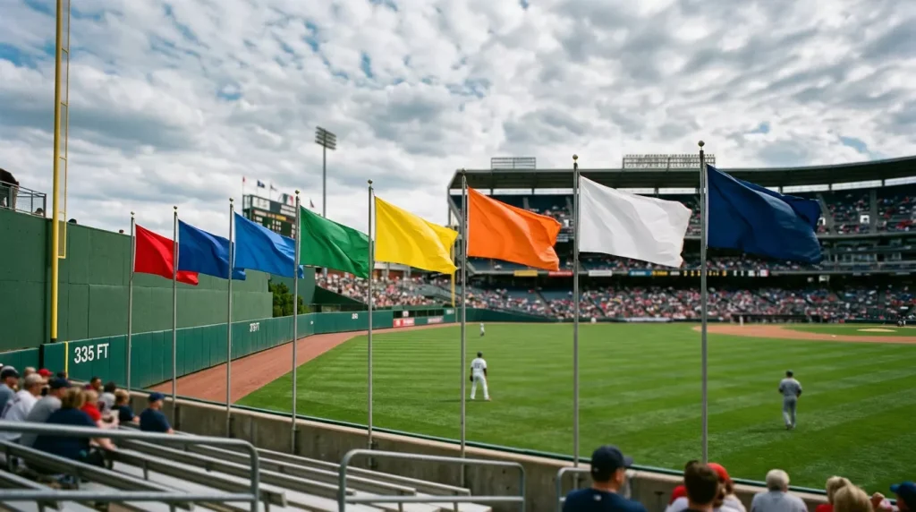 Outfield flags blowing in the wind above an MLB baseball stadium under partly cloudy sky