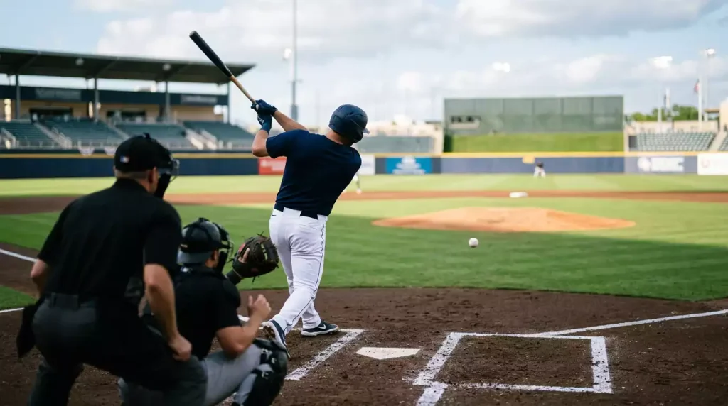 MLB batter completing a swing with the ball already in flight toward the outfield on a clear afternoon